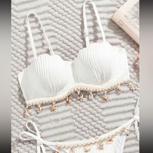 🏝️ 2 Pc Ocean Chiccia Summer White Scallop Shell Trim Bikini – Coastal Tie Side